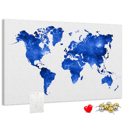 Bacheca in sughero mappa del mondo con grafica ad acquerello blu
