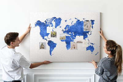 Bacheca in sughero mappa del mondo con grafica ad acquerello blu