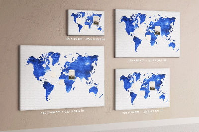 Bacheca in sughero mappa del mondo con grafica ad acquerello blu