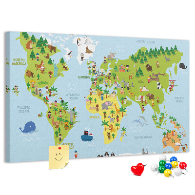 Lavagna di sughero mappa del mondo colorata con figure di animali