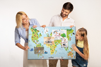 Lavagna di sughero mappa del mondo colorata con figure di animali
