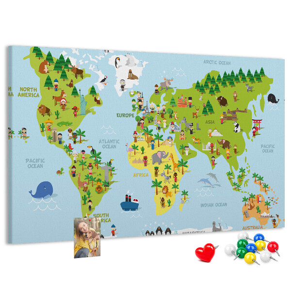 Lavagna di sughero mappa del mondo colorata con figure di animali