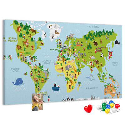 Lavagna di sughero mappa del mondo colorata con figure di animali