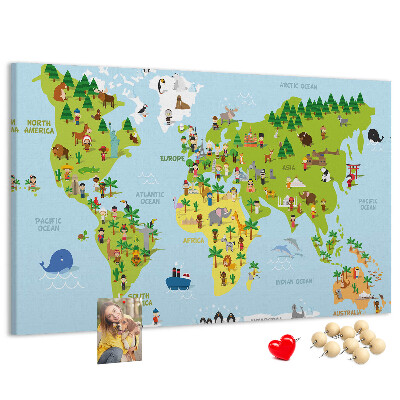 Lavagna di sughero mappa del mondo colorata con figure di animali