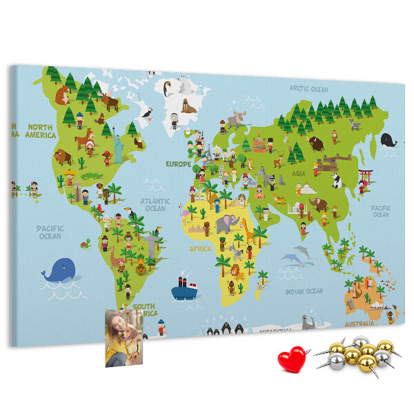 Lavagna di sughero mappa del mondo colorata con figure di animali