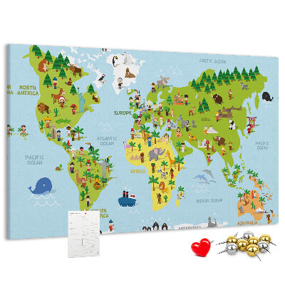 Lavagna di sughero mappa del mondo colorata con figure di animali