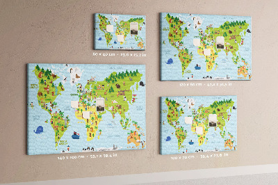 Lavagna di sughero mappa del mondo colorata con figure di animali