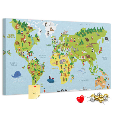 Lavagna di sughero mappa del mondo colorata con figure di animali