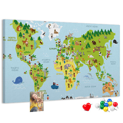 Lavagna di sughero mappa del mondo colorata con figure di animali