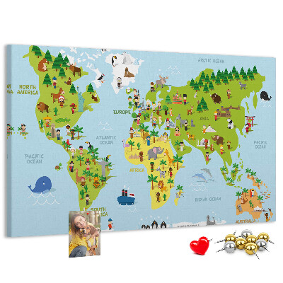 Lavagna di sughero mappa del mondo colorata con figure di animali