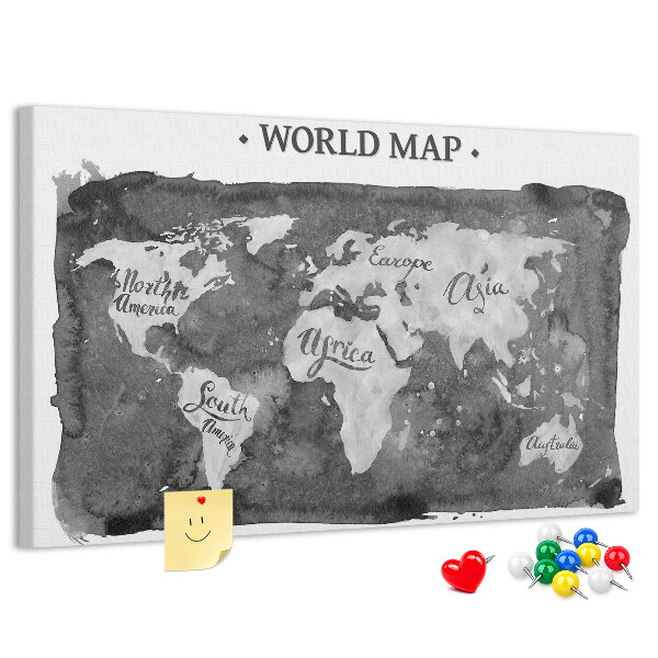 Bacheca in sughero mappa del mondo in tonalità di grigio
