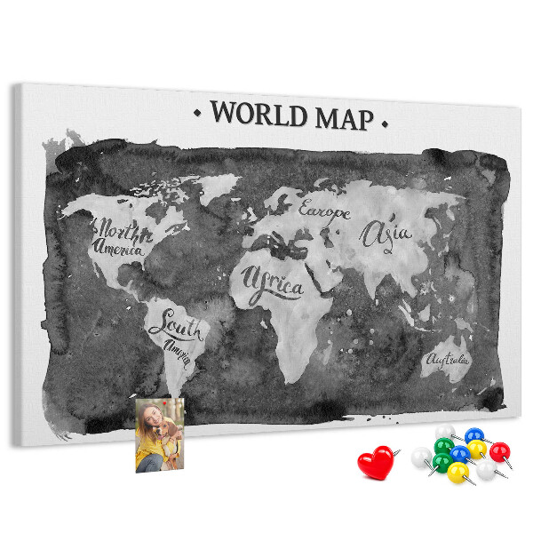 Bacheca in sughero mappa del mondo in tonalità di grigio