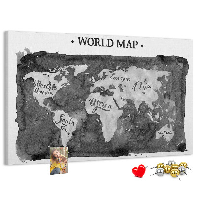 Bacheca in sughero mappa del mondo in tonalità di grigio
