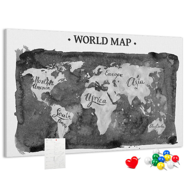 Bacheca in sughero mappa del mondo in tonalità di grigio