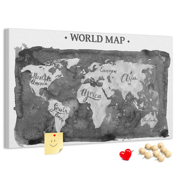 Bacheca in sughero mappa del mondo in tonalità di grigio