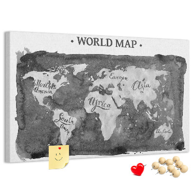 Bacheca in sughero mappa del mondo in tonalità di grigio