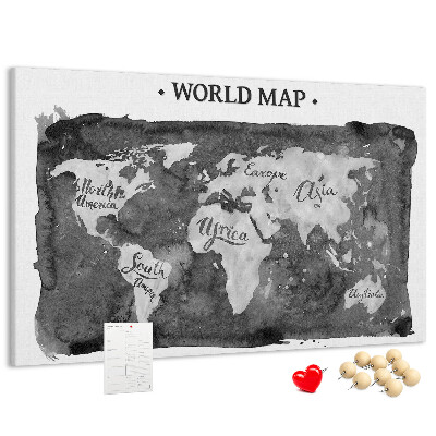 Bacheca in sughero mappa del mondo in tonalità di grigio