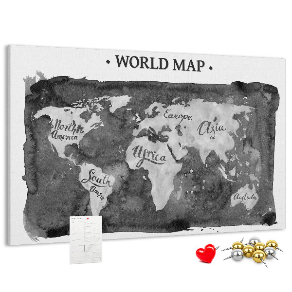 Bacheca in sughero mappa del mondo in tonalità di grigio