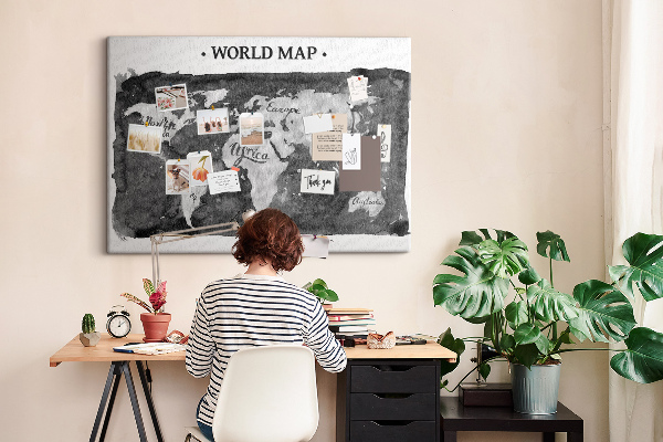 Bacheca in sughero mappa del mondo in tonalità di grigio