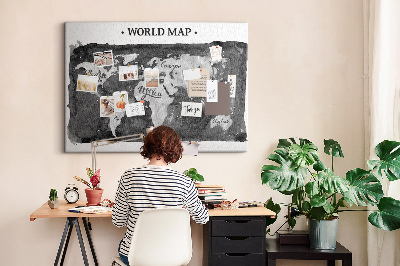 Bacheca in sughero mappa del mondo in tonalità di grigio