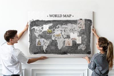 Bacheca in sughero mappa del mondo in tonalità di grigio