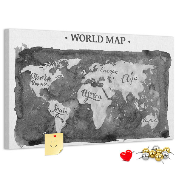Bacheca in sughero mappa del mondo in tonalità di grigio
