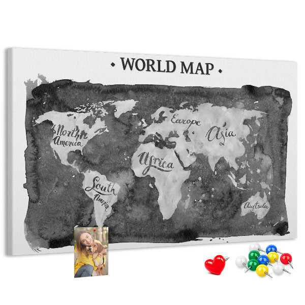 Bacheca in sughero mappa del mondo in tonalità di grigio