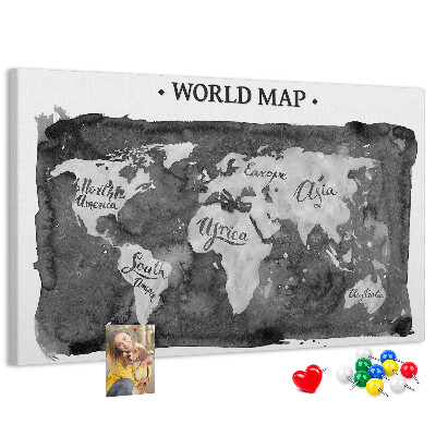 Bacheca in sughero mappa del mondo in tonalità di grigio