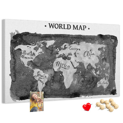 Bacheca in sughero mappa del mondo in tonalità di grigio