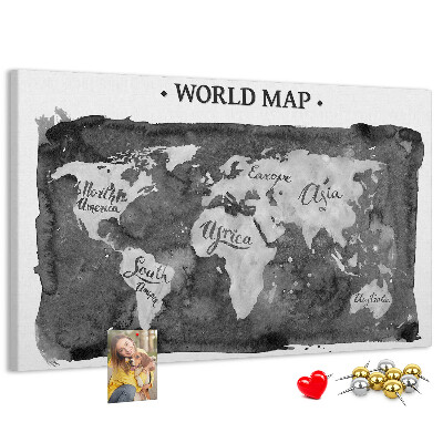 Bacheca in sughero mappa del mondo in tonalità di grigio
