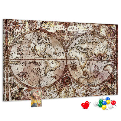 Lavagna di sughero con stampa di antica mappa del mondo e motivi nautici