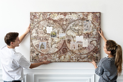 Lavagna di sughero con stampa di antica mappa del mondo e motivi nautici