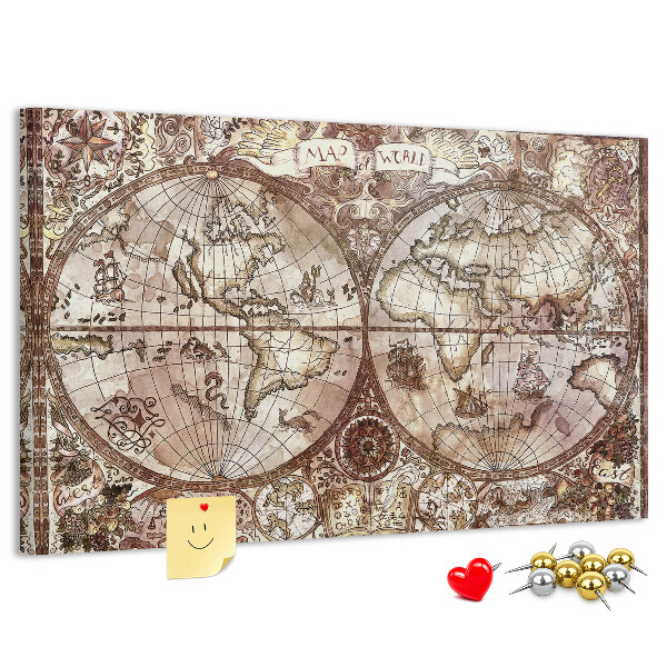 Lavagna di sughero con stampa di antica mappa del mondo e motivi nautici