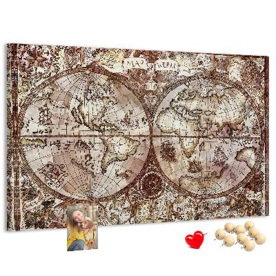 Lavagna di sughero con stampa di antica mappa del mondo e motivi nautici