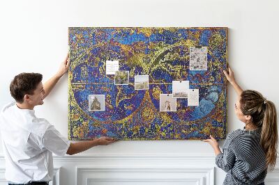 Bacheca in sughero con stampa di un'antica mappa del mondo dai colori vivaci