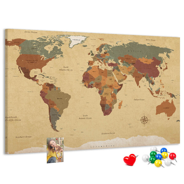 Bacheca in sughero mappa del mondo antica dai colori tenui