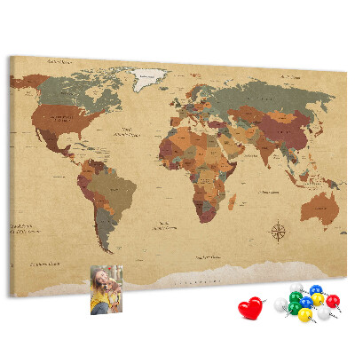 Bacheca in sughero mappa del mondo antica dai colori tenui