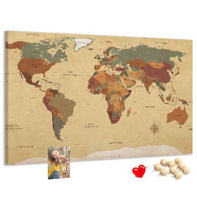 Bacheca in sughero mappa del mondo antica dai colori tenui
