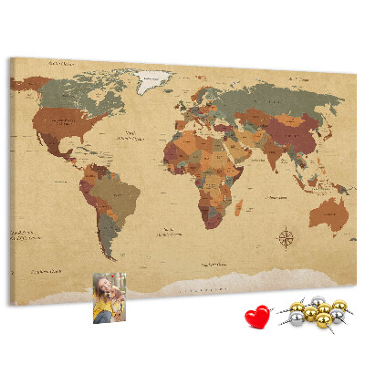Bacheca in sughero mappa del mondo antica dai colori tenui