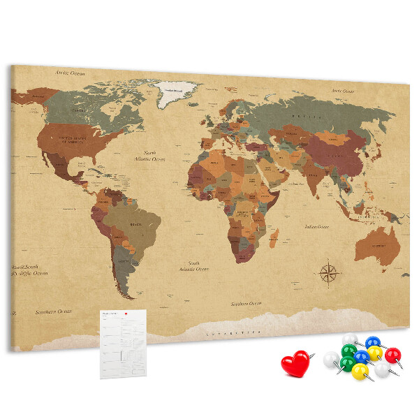 Bacheca in sughero mappa del mondo antica dai colori tenui
