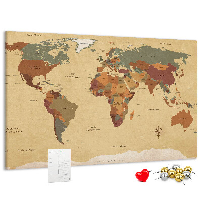 Bacheca in sughero mappa del mondo antica dai colori tenui