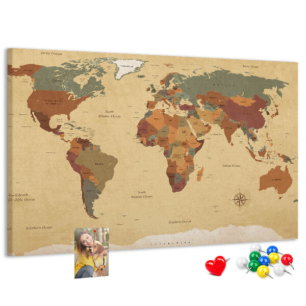 Bacheca in sughero mappa del mondo antica dai colori tenui
