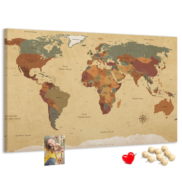 Bacheca in sughero mappa del mondo antica dai colori tenui