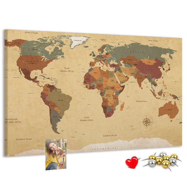 Bacheca in sughero mappa del mondo antica dai colori tenui