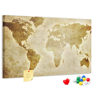 Lavagna di sughero con stampa antica della mappa del mondo in seppia