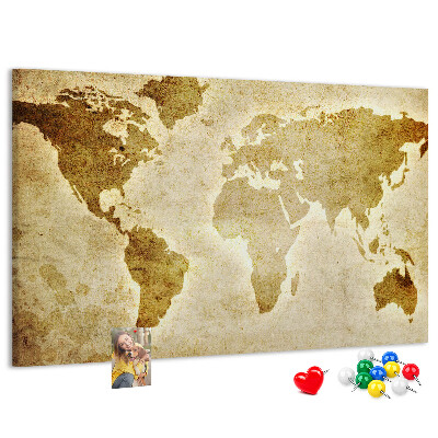 Lavagna di sughero con stampa antica della mappa del mondo in seppia