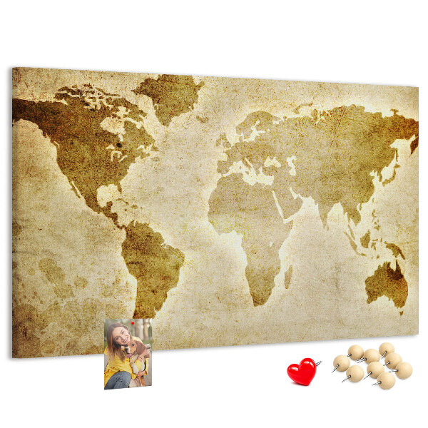 Lavagna di sughero con stampa antica della mappa del mondo in seppia