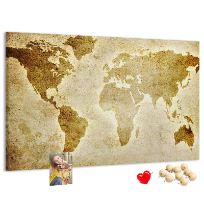 Lavagna di sughero con stampa antica della mappa del mondo in seppia
