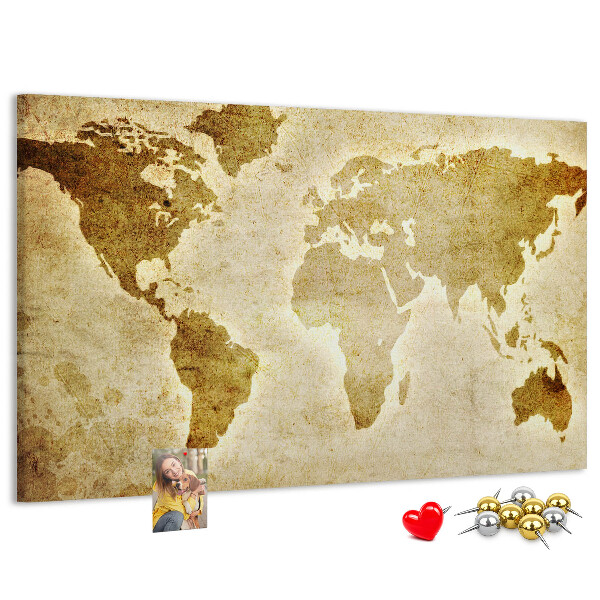 Lavagna di sughero con stampa antica della mappa del mondo in seppia