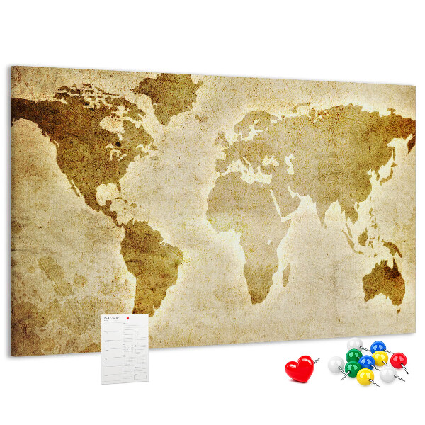 Lavagna di sughero con stampa antica della mappa del mondo in seppia